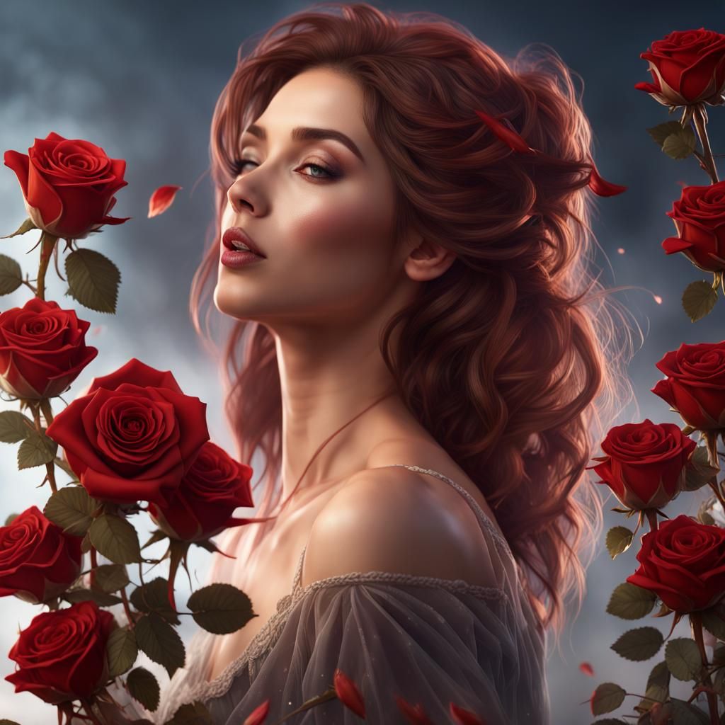 Romantic Marriage Proposal with Red Rose, Detailed Painting