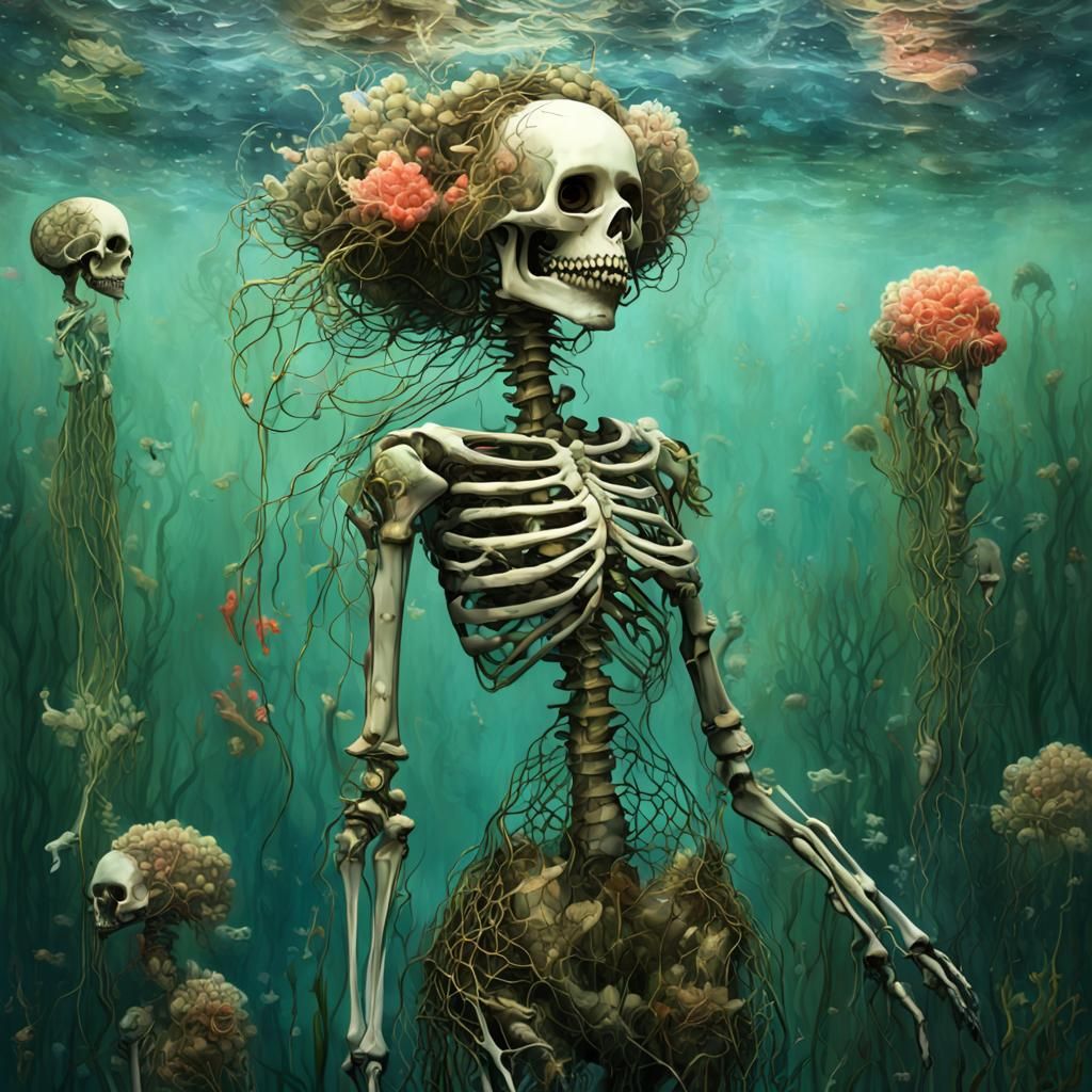 Skeletal Mermaid Portrait in Pop Surrealist Style
