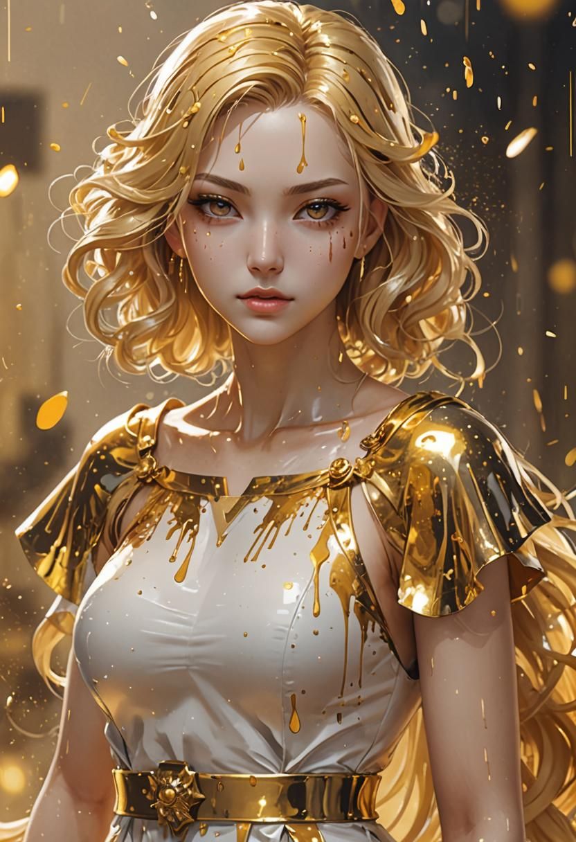 Golden Anime Woman Posing with Golden Splashes