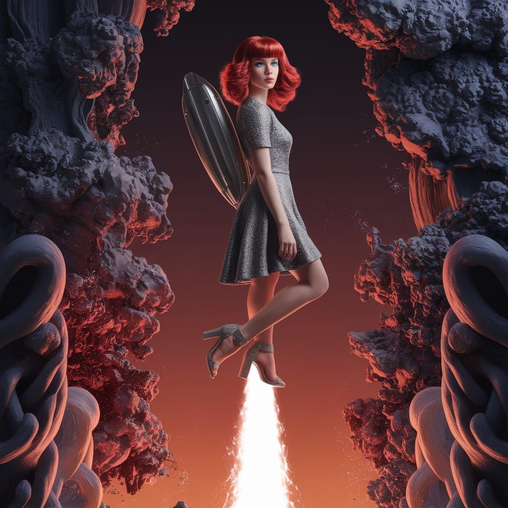 Surreal Fantasy Woman Rises with Jetpack in Detailed Matte P...