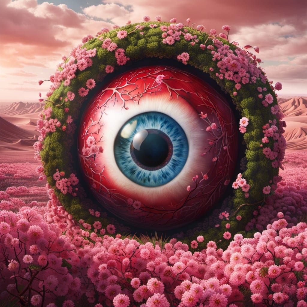 Surreal Eyeball in Desert with Sakura Petals