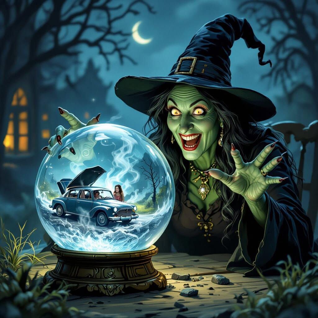 Wicked Witch Relishes Couple's Car Trouble in Crystal Ball