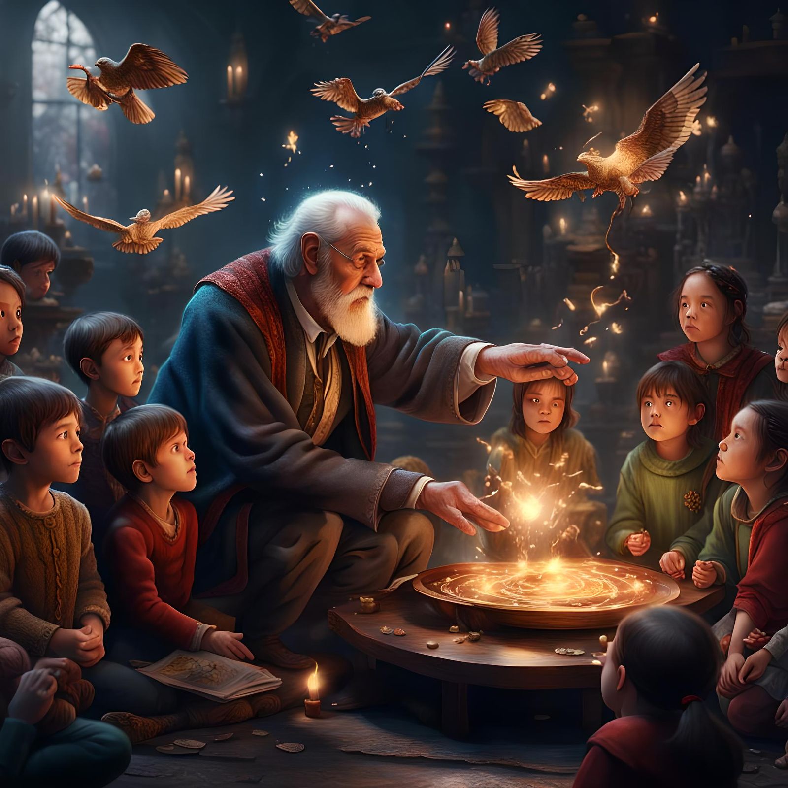 Magical Old Man Entertains Children: Fantasy Art