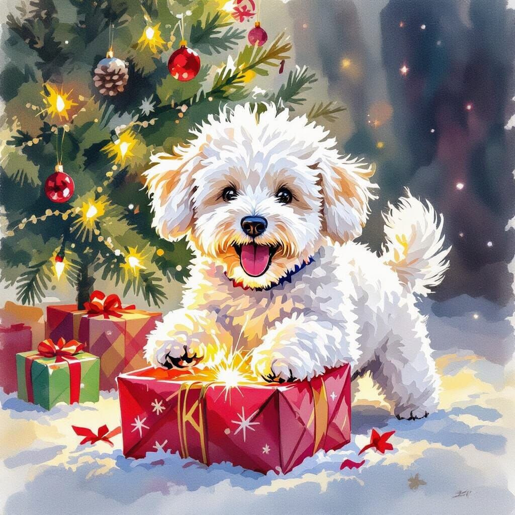 Joyful Dog Rips Christmas Present in Expressive Watercolor