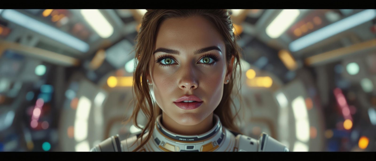 Captain in Epic Spacecraft Interior with Vibrant Neon Lighti...