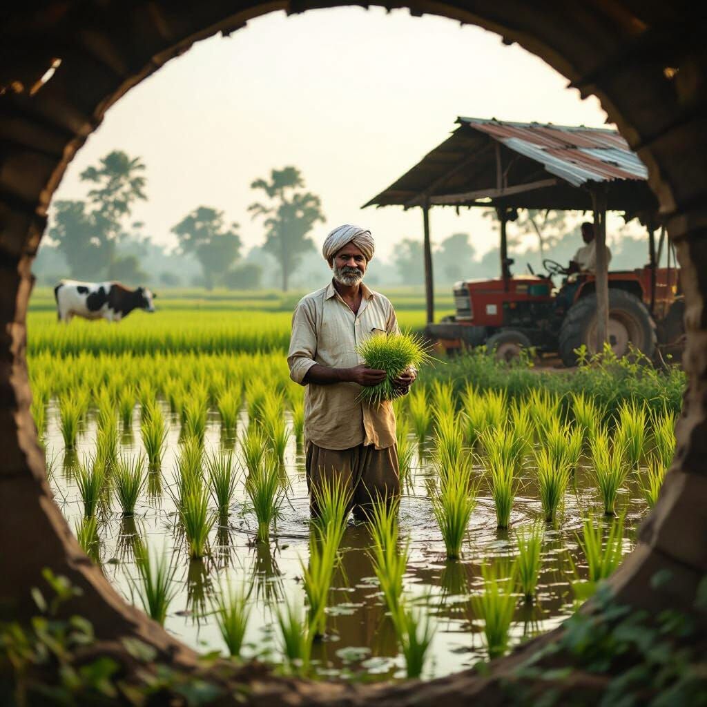 Indian Farmer in Paddy Field: Warm Earth Tones