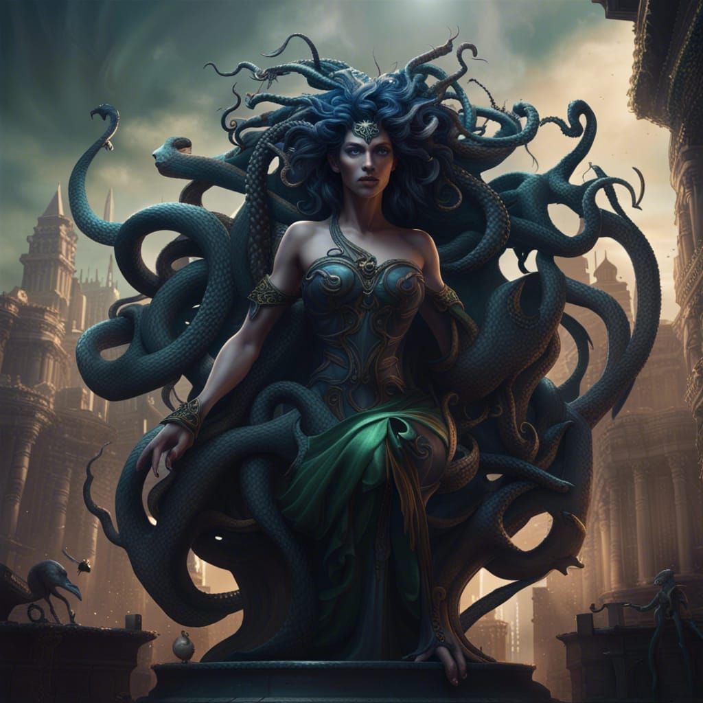 Majestic Medusa: Beautiful Evil in Detailed Matte Painting