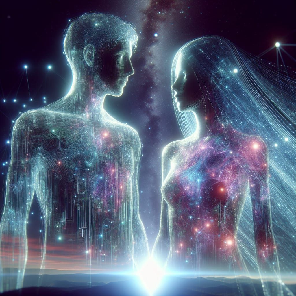 Holographic Couple in Futuristic Landscape