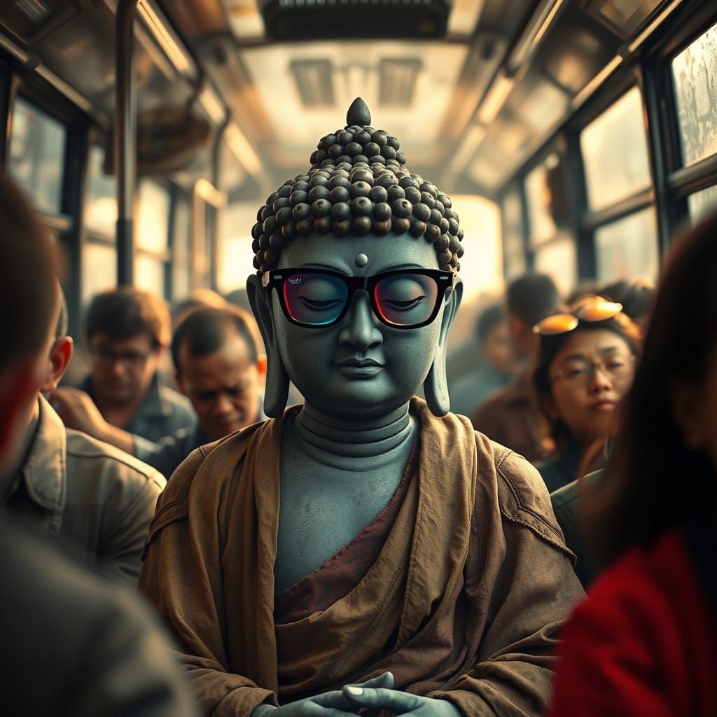 Buddha Statue in Urban Bus, Futuristic Realism