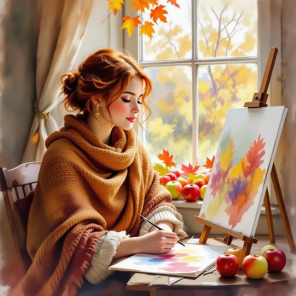 Woman by Autumn Window with Watercolor Painting