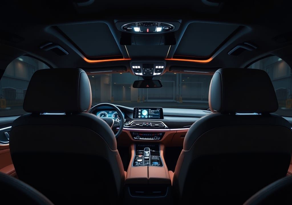 super detailed bmw m7 interior viewed from the back seat looking at the dashboard