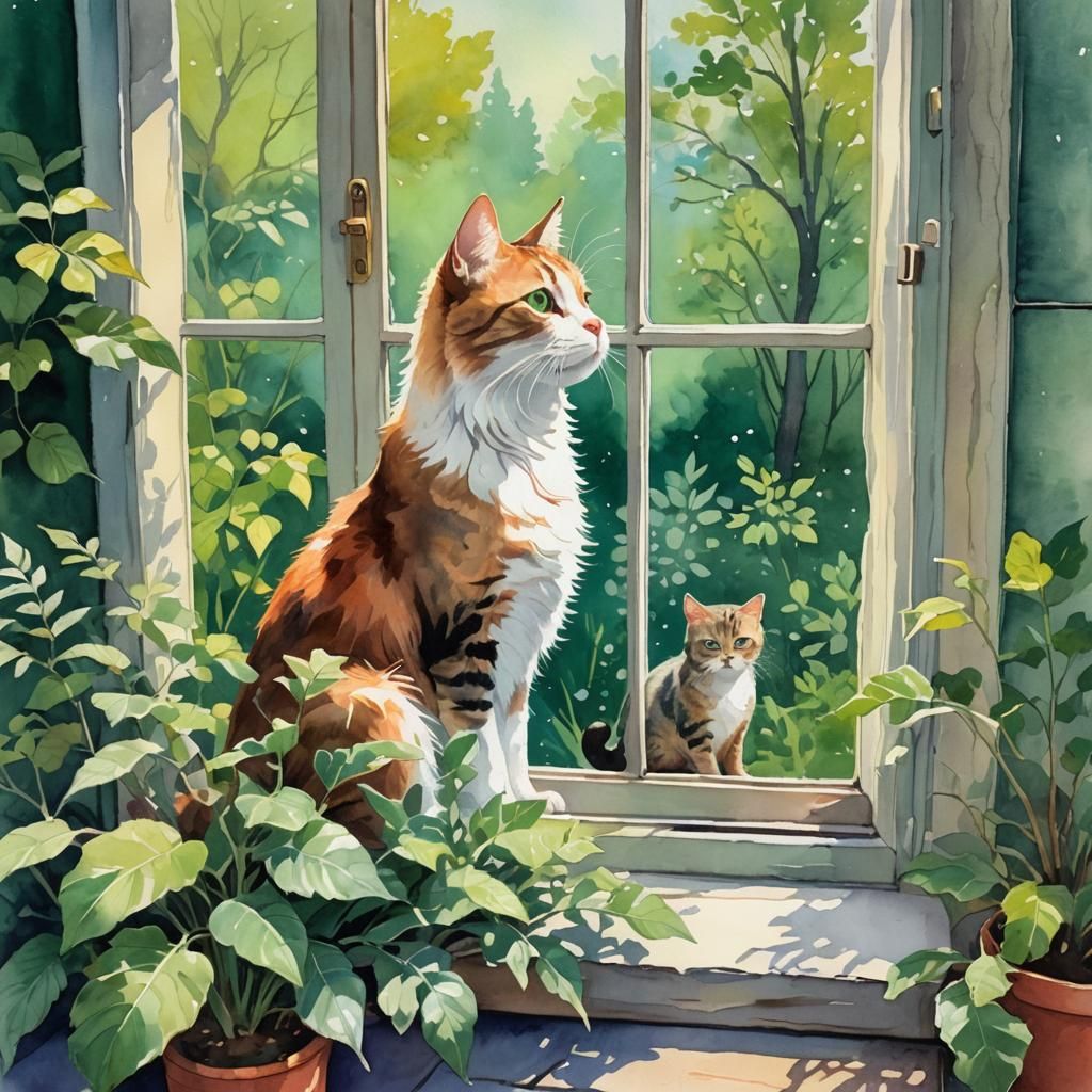 Whimsical Gouache Painting of Cat and Dog