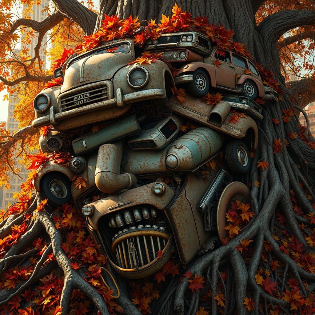 Hyperrealistic Vintage Car Portrait in Autumnal Landscape