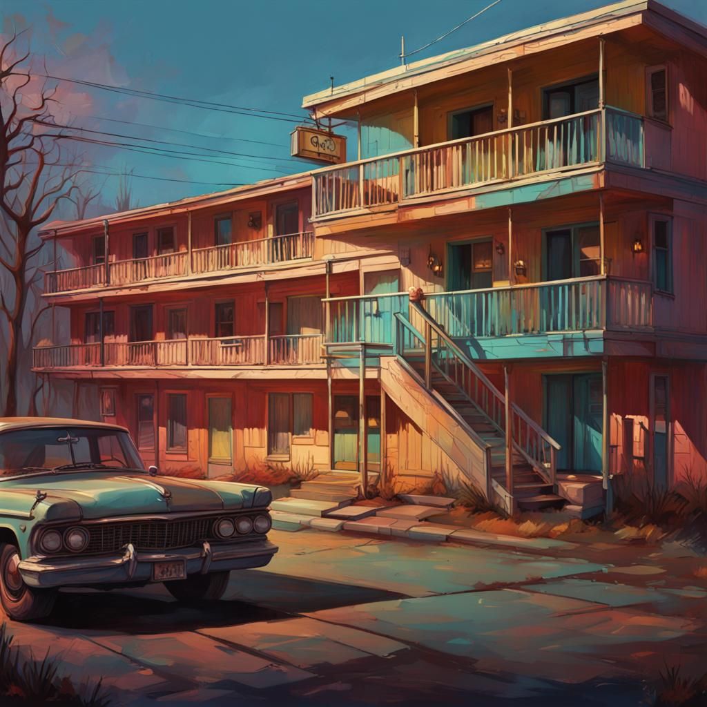 Creepy Motel in Hyperrealistic Splash Art Style