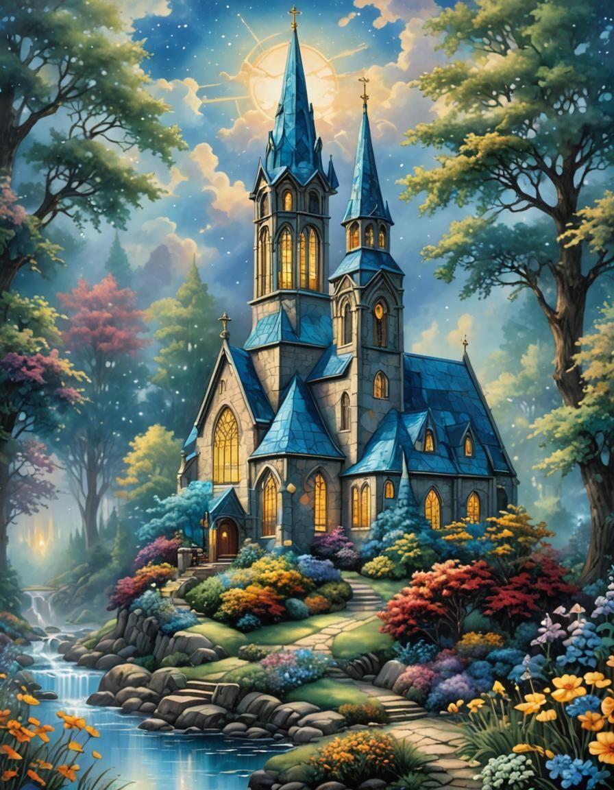 Vibrant Blue Stained Glass Church with Flowers