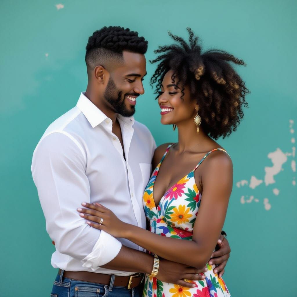 Man and Woman Embrace in Vibrant Brazilian Art Style