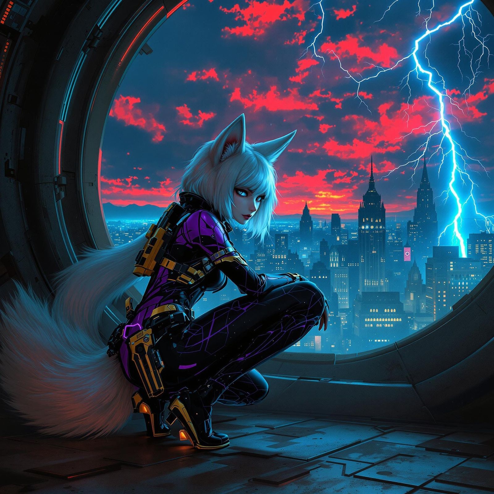 Cyberpunk Fox Girl Hunts Digital Prey in Gritty Dystopian Ci...