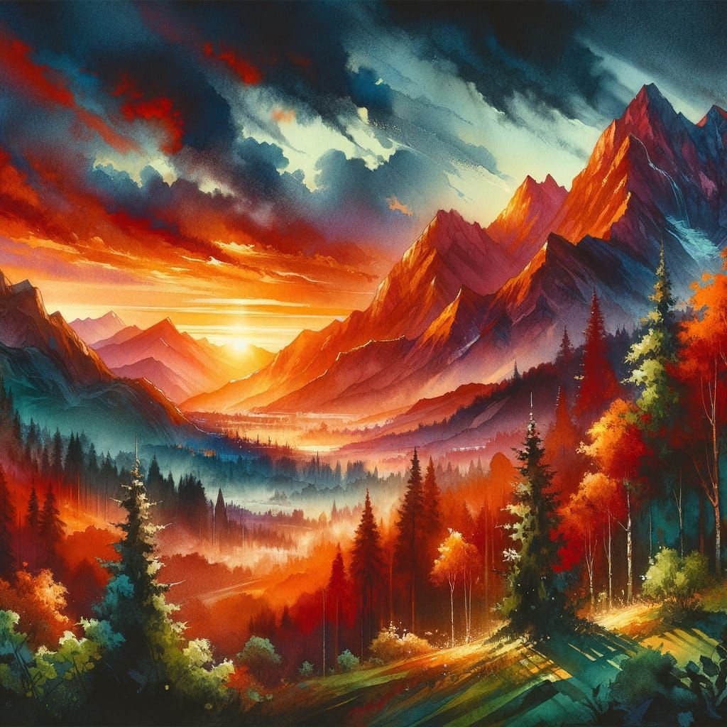 Epic Sunset Landscape in Vibrant Watercolour Style