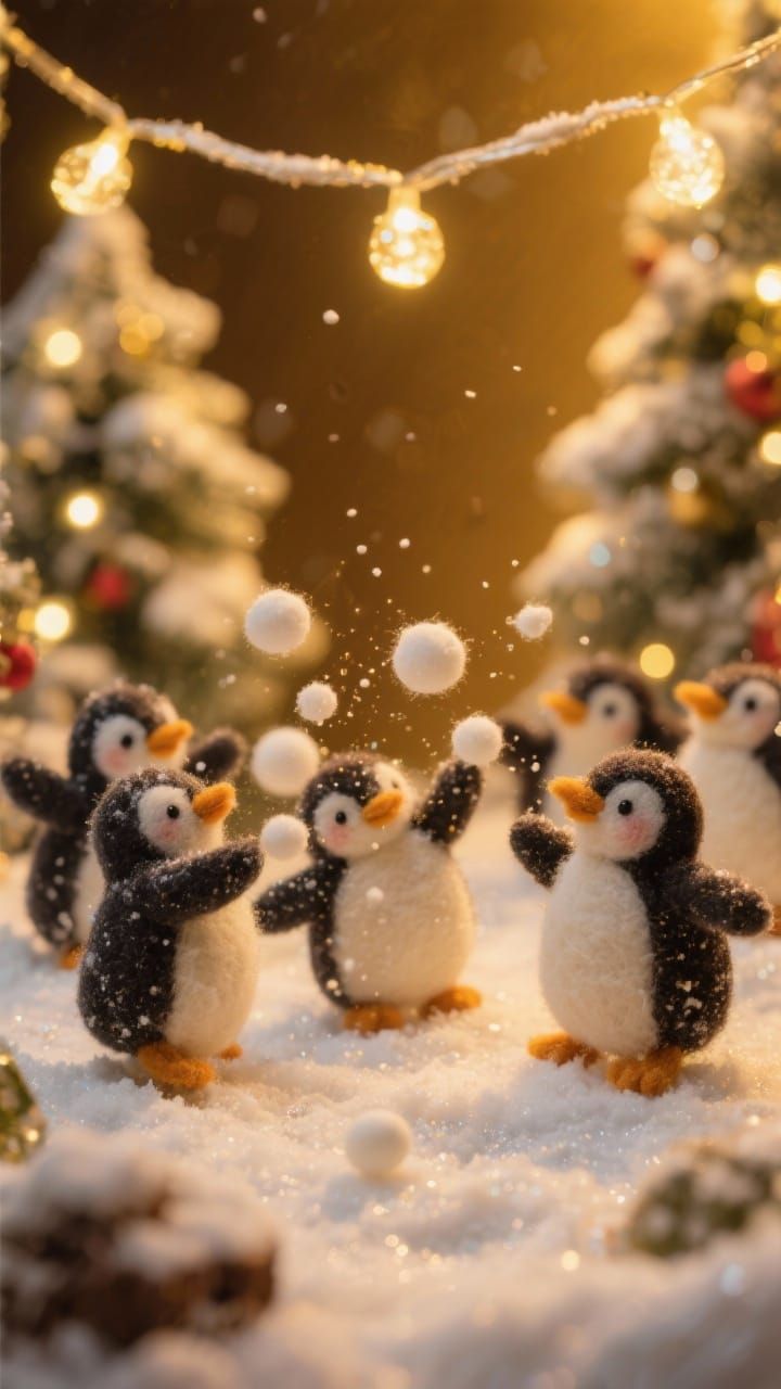 Cute Felt Penguins in a Snowy Christmas Wonderland