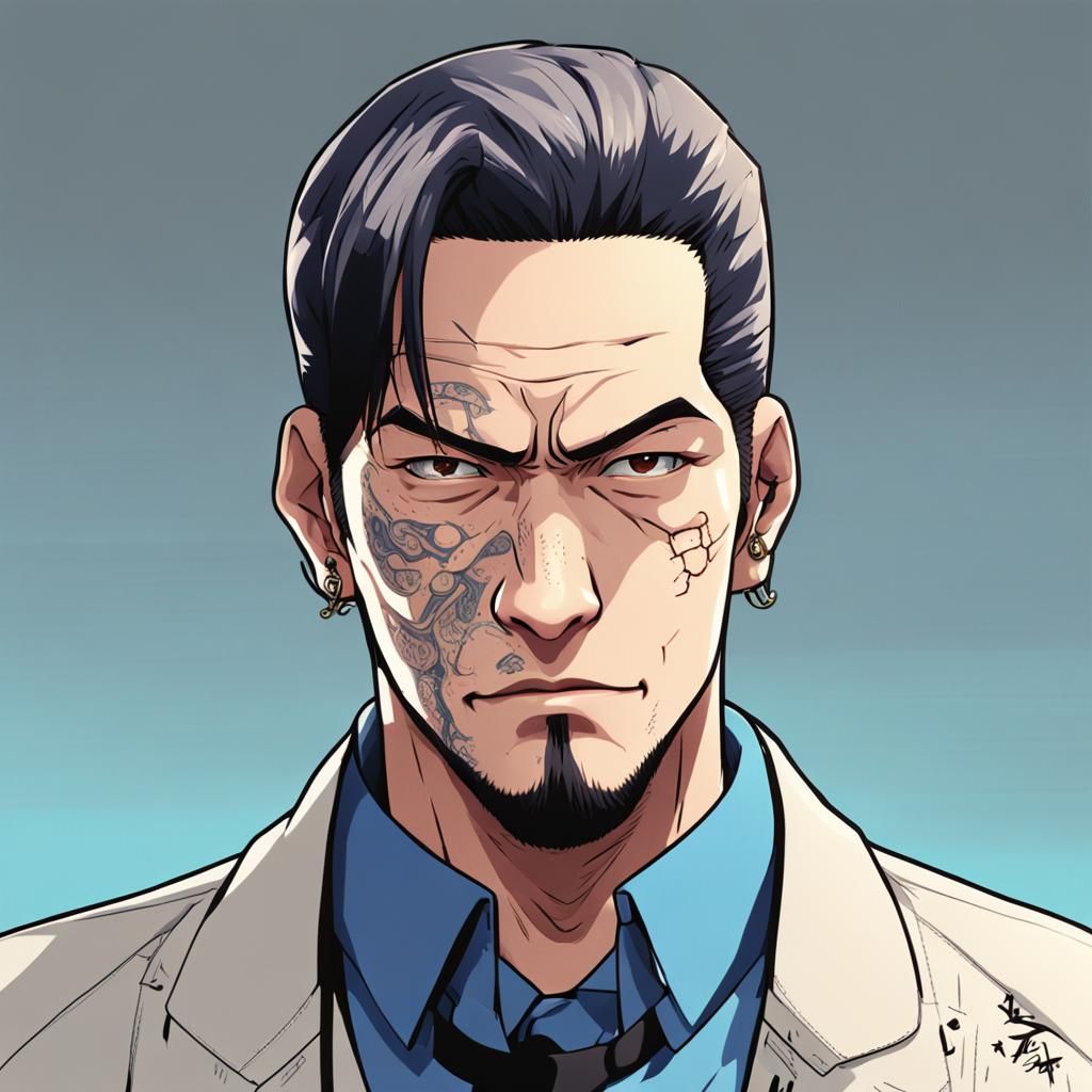 Gangster with Scar and Hearing Aid in Anime Style