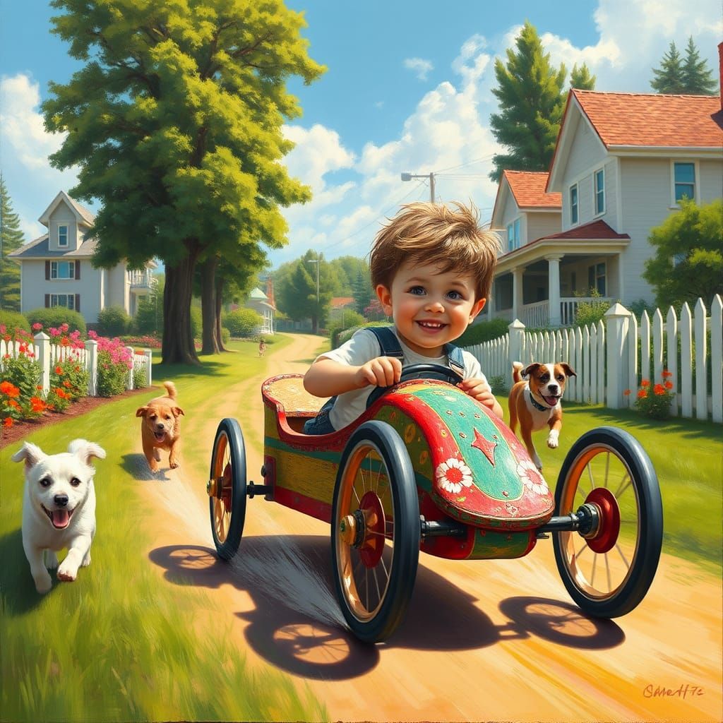Child's Joyful Soapbox Derby: Oil Painting