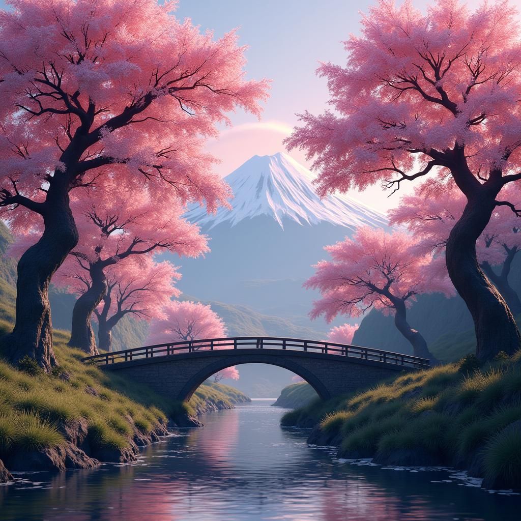 Mount Fuji and Sakura Trees in Morning Light