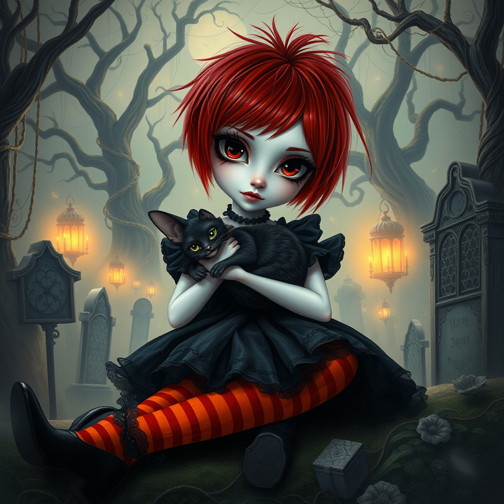 Gothic Girl with Bat-Cat in Graveyard