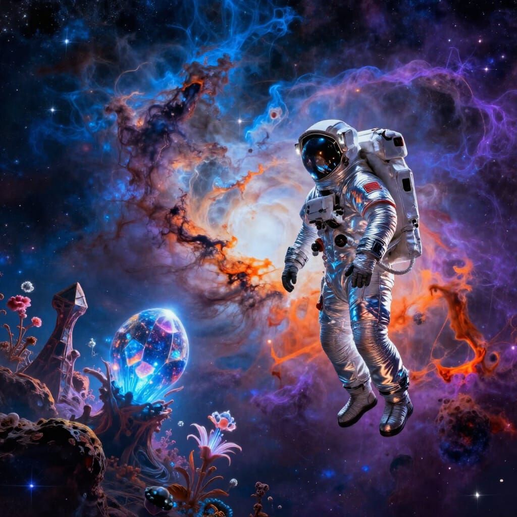 Astronaut Adrift in Nebula, Gazing at Alien World