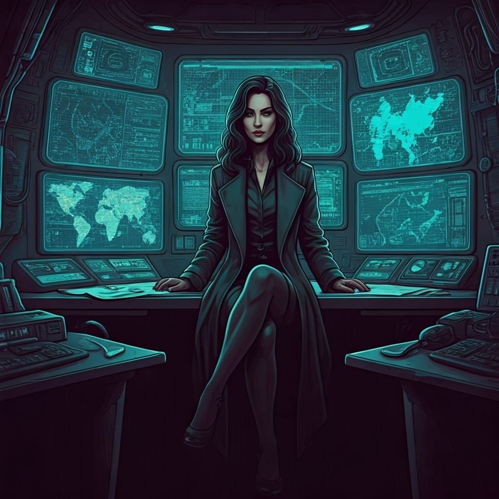 Mysterious Woman Plotting in Futuristic Noir Lair