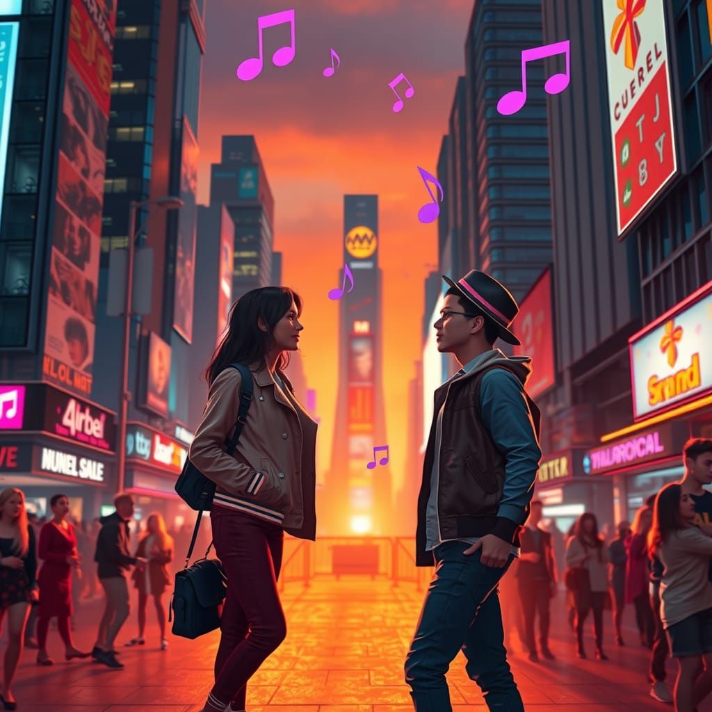 Futuristic City Meeting at Sunset in Cyberpunk Style