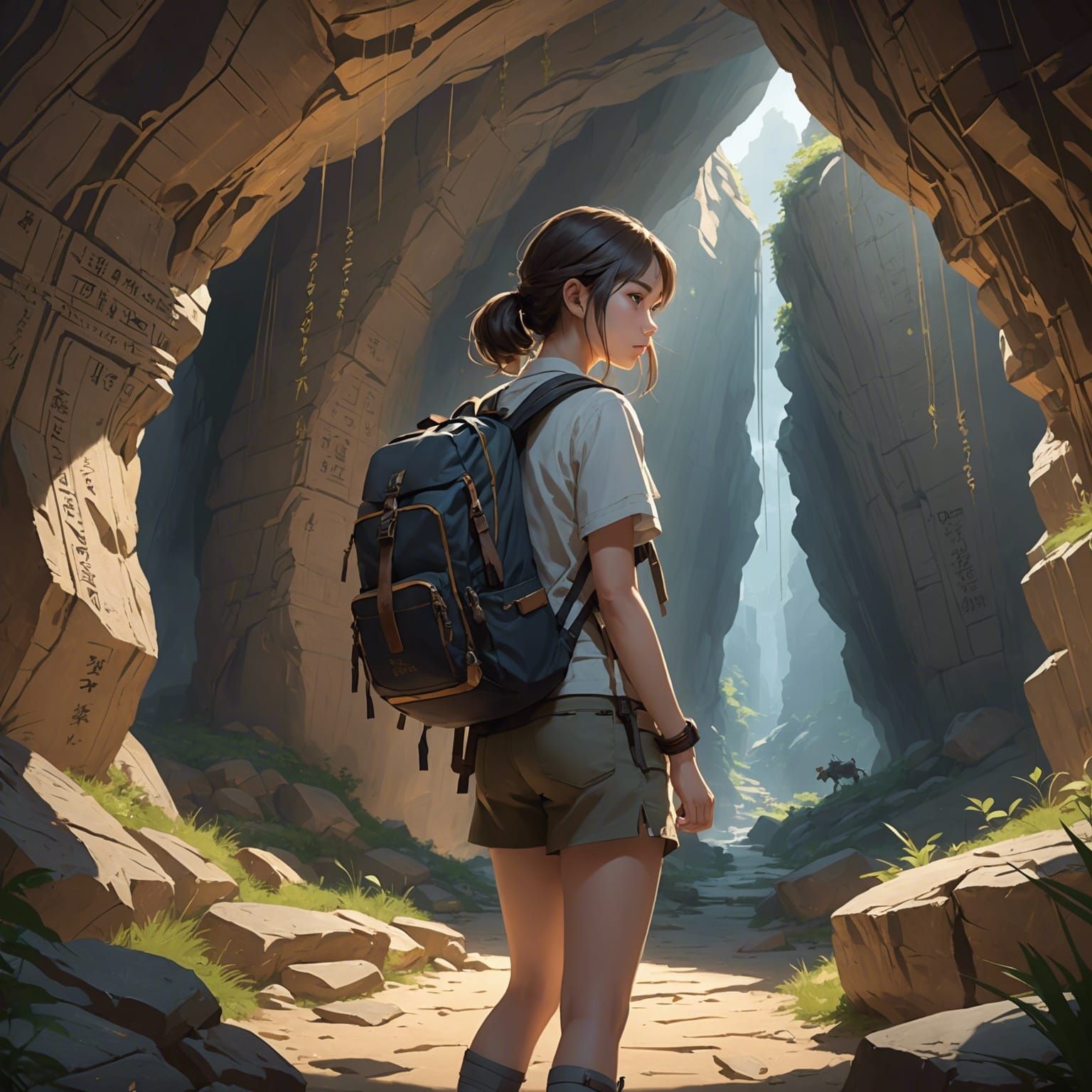 Woman Forging Onward in Ancient Cave: 3D Anime Art