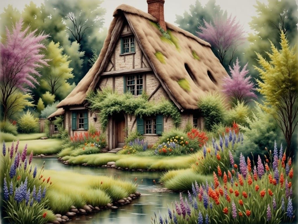 Charming Thatched Cottage in Antique Watercolor Style