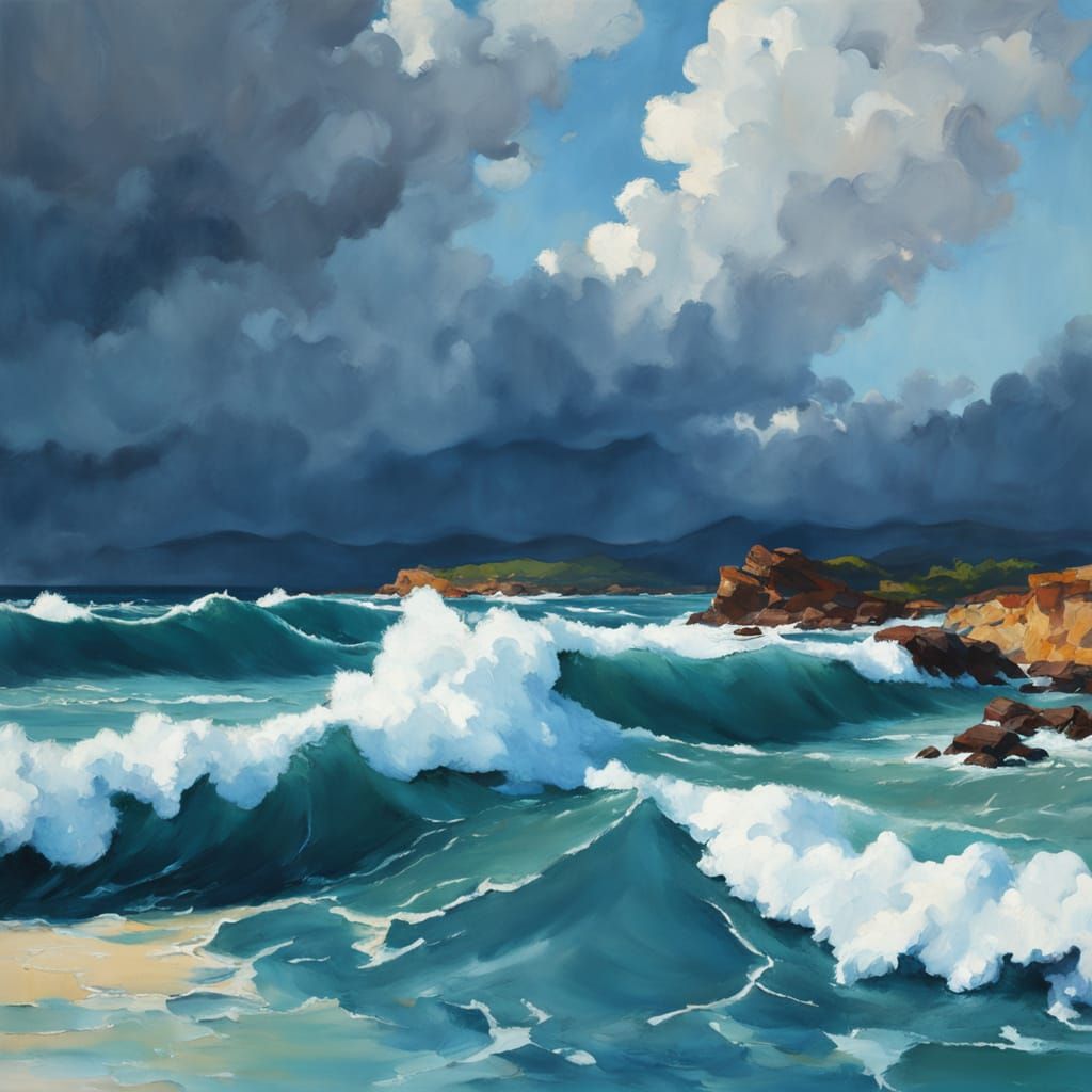 Impressionist Gouache Painting of Textured Waves