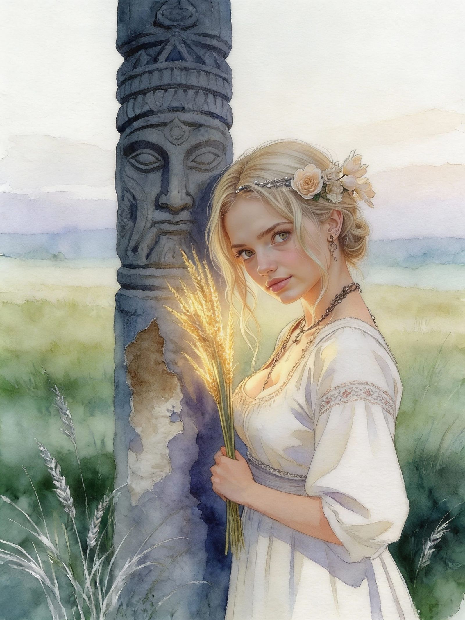 Polish Folk Woman in Wheat Field, Watercolor Style