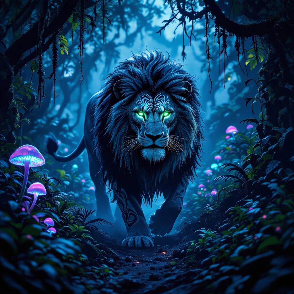 Bioluminescent Lion in Alien Jungle, Photorealistic Style