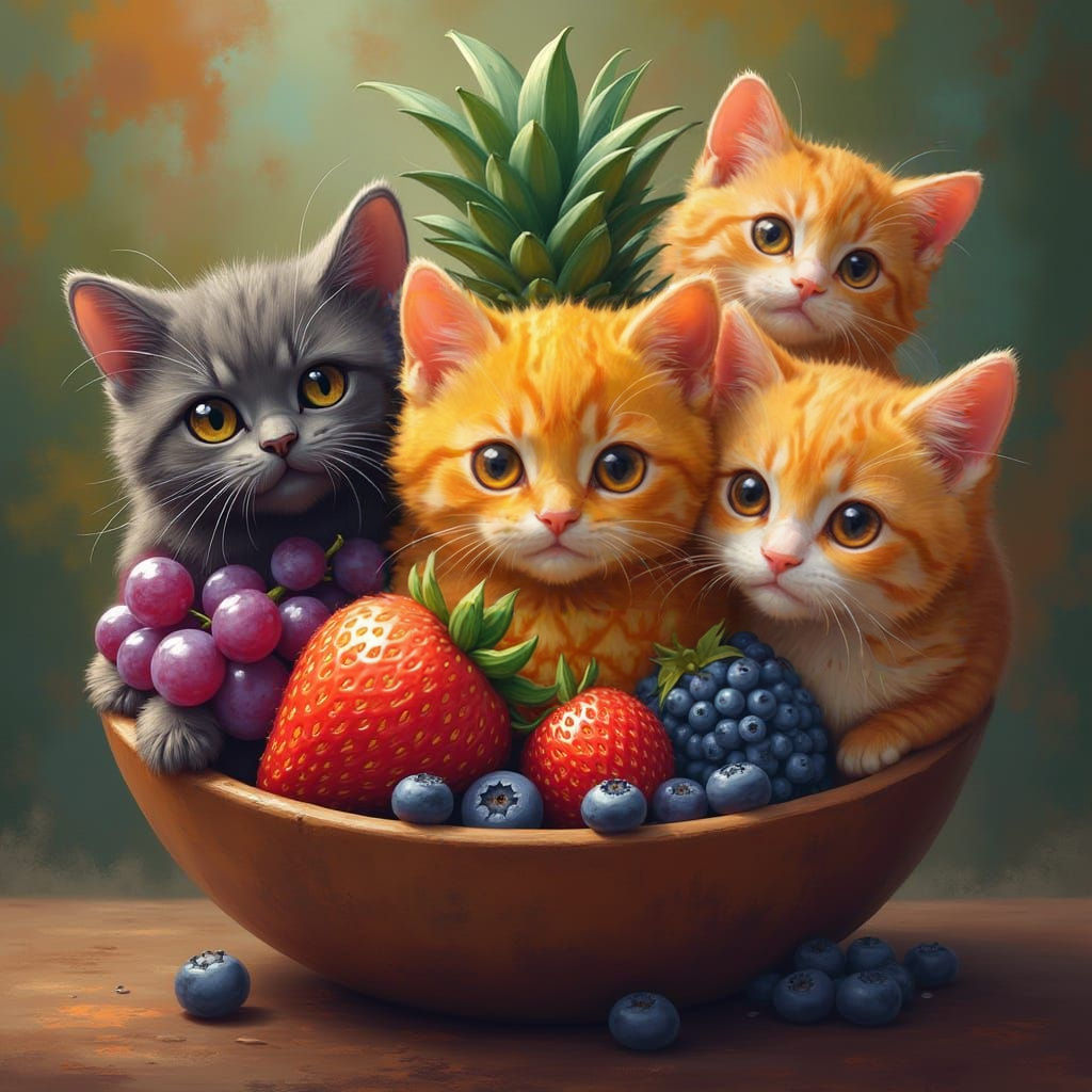 Fruitful Feline Fusion in Vibrant Splash Art