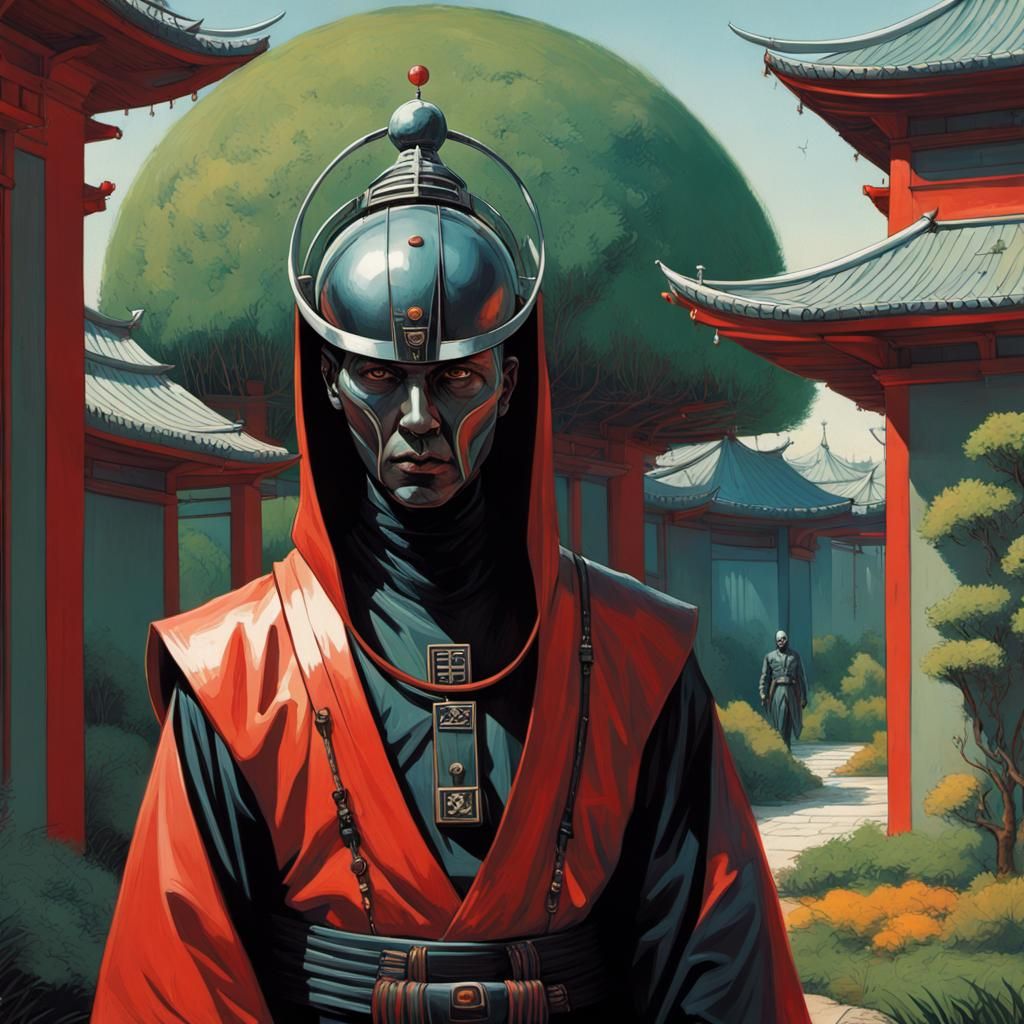 Cyborg Soldier in Cyberpunk Monastery: Digital Noir Painting