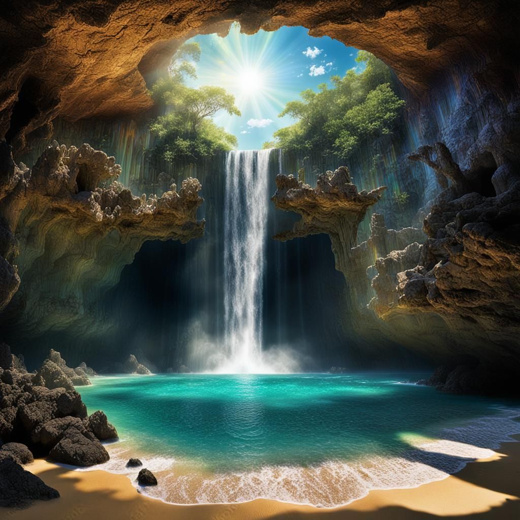 Yucatan Beach Cave with Waterfall: Matte Painting