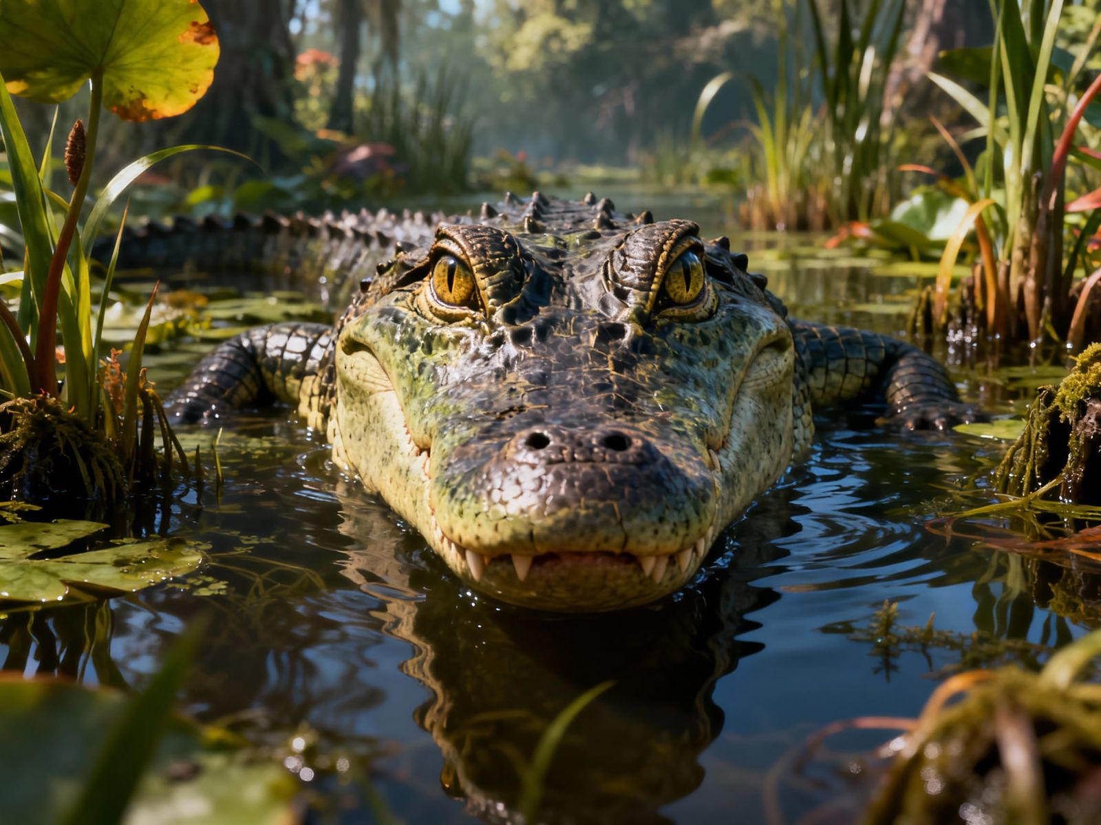 Intense Crocodile Head Emerges from Biodiversity-Rich Swamp