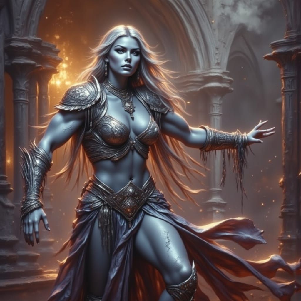 Muscular Drow Woman in Dark Fantasy Landscape