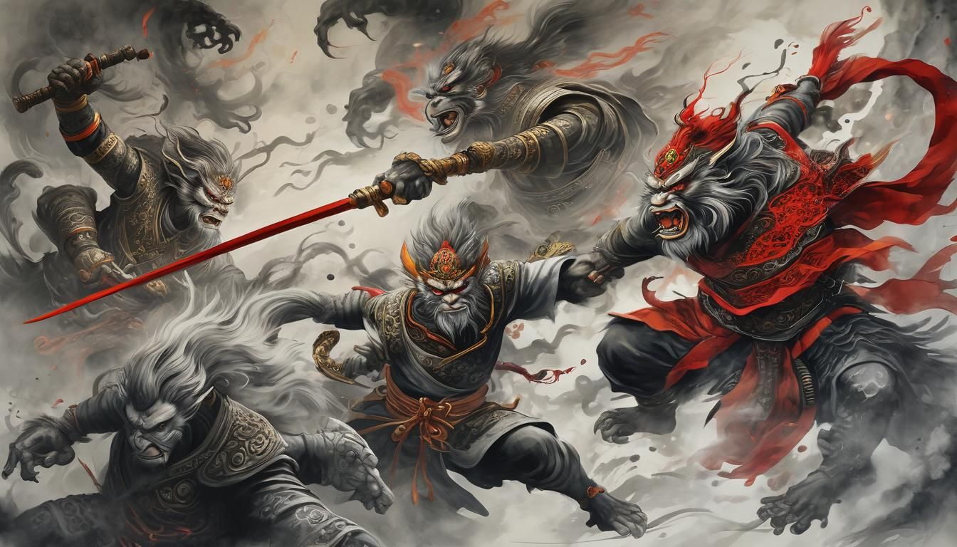 Monkey King vs Elder Jinchi in Ink Wash