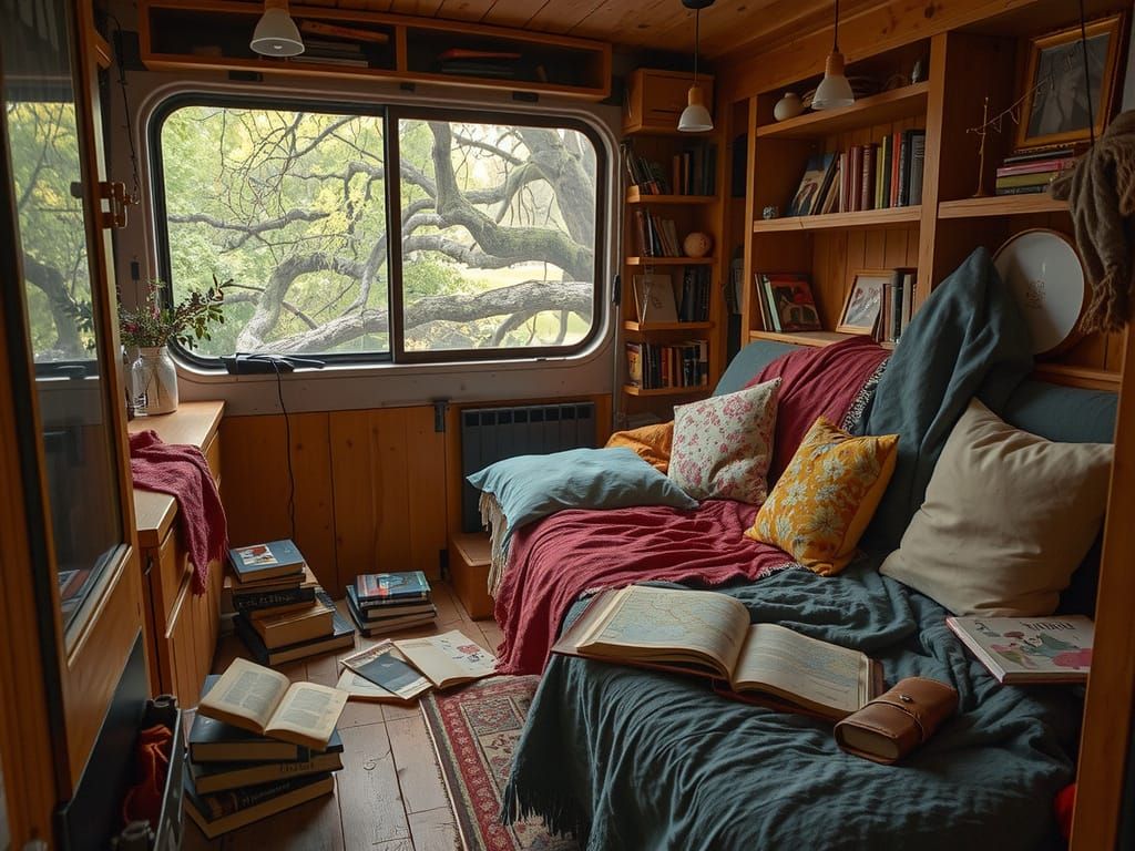 Cozy Boho Van Treehouse Interior with Reading Nook