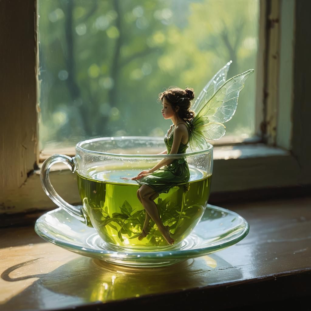 Fairy in Teacup on Windowsill as Oil Painting