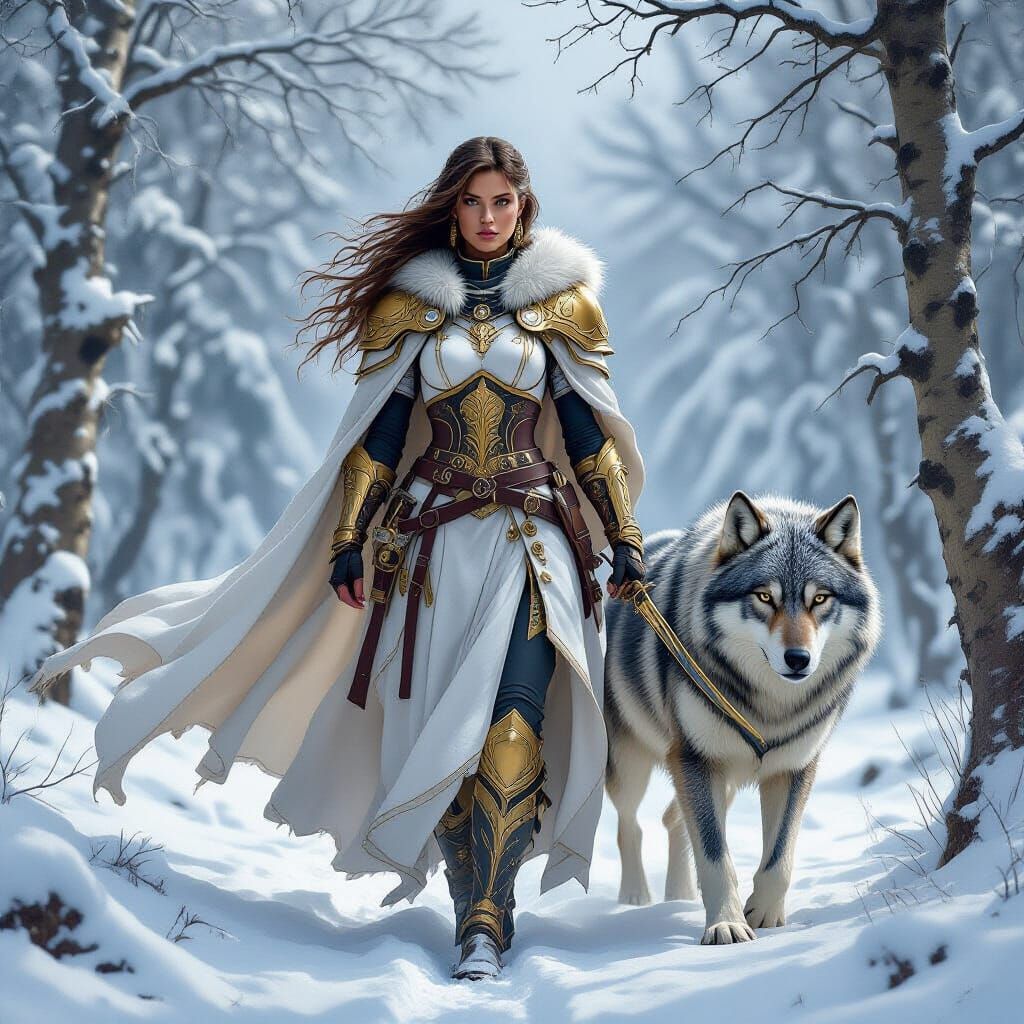 Fantasy Warrior Woman with Wolf in Snowy Forest