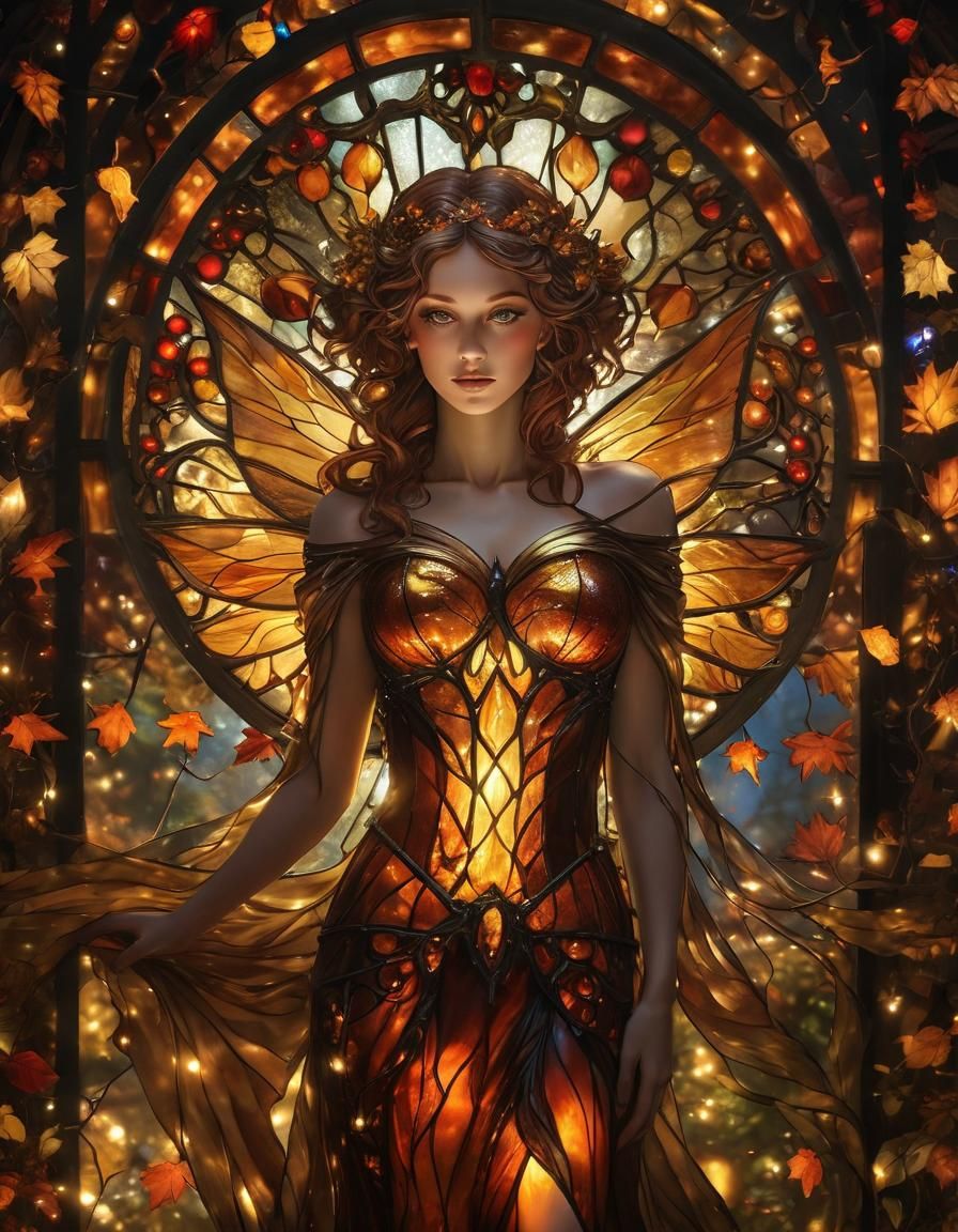 Stained Glass Autumn Fairy with Celestial Lights