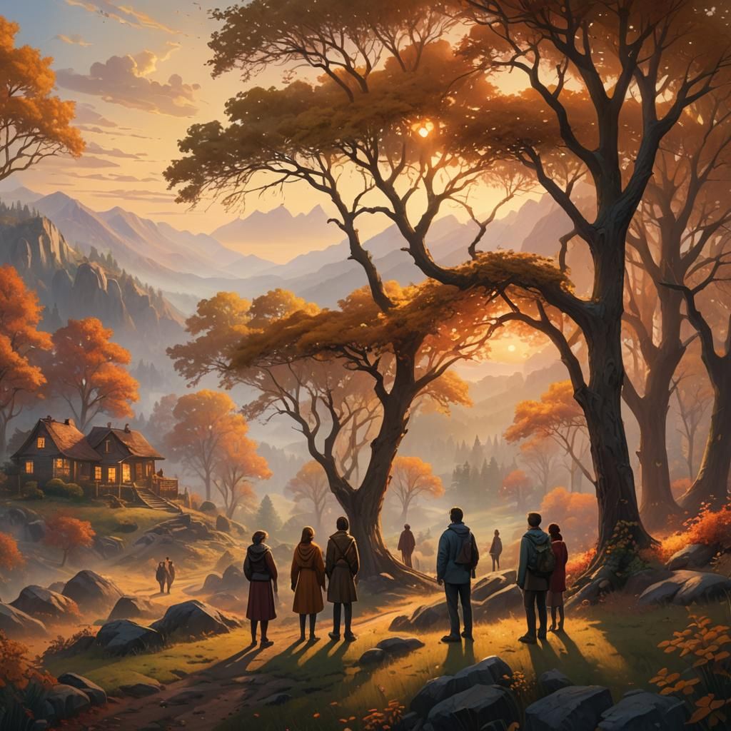 People Gaze at Distant City in Kinkade Style