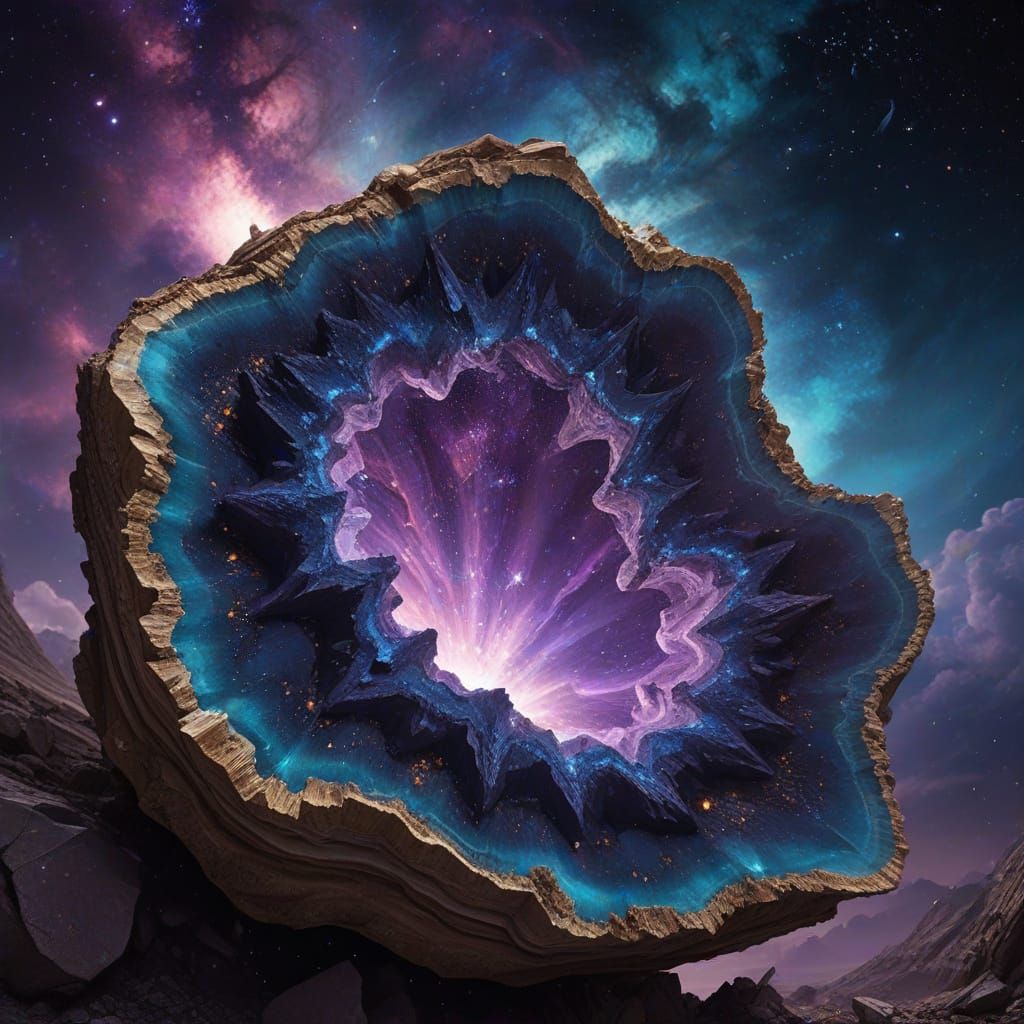 Cracked Geode Reveals Cosmic Nebula in Detailed Digital Pain...
