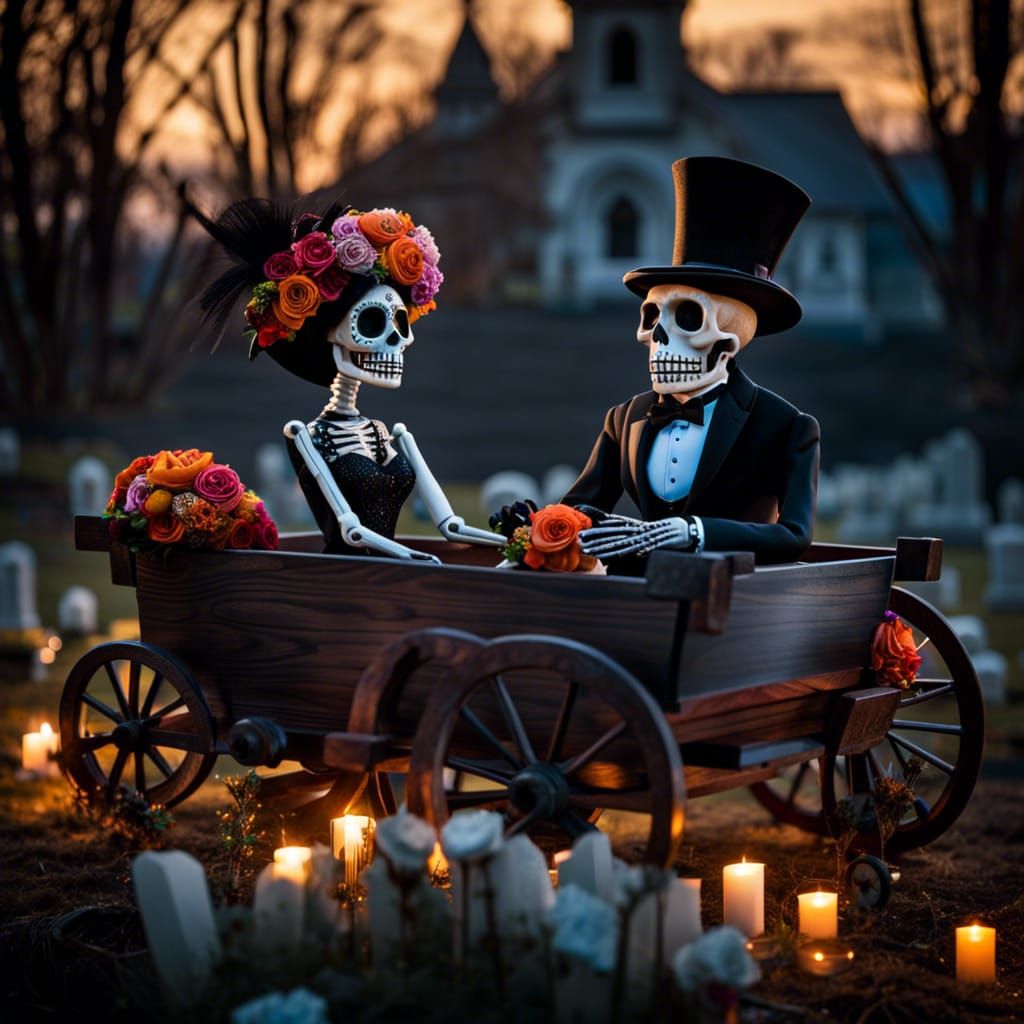 Day of the Dead Skeletons in Cemetery at Sunset