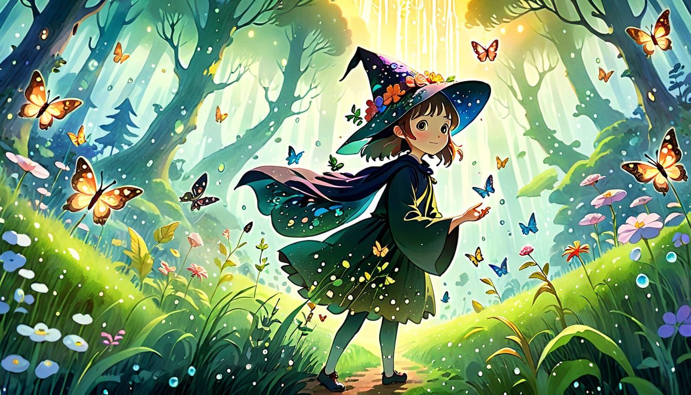 Little witch magical butterflies in ghibli style