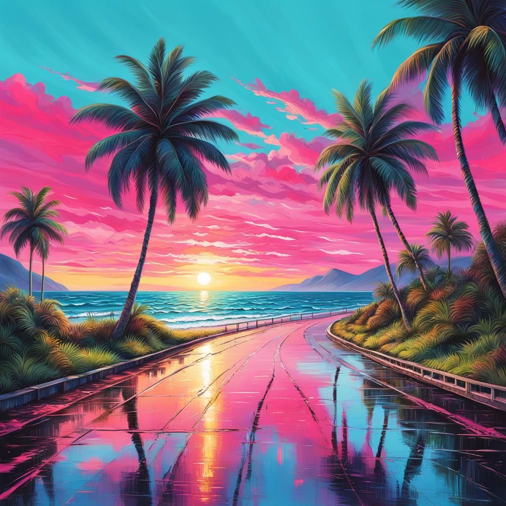 Hyperrealistic Sunset Palm Trees on a Wet Road